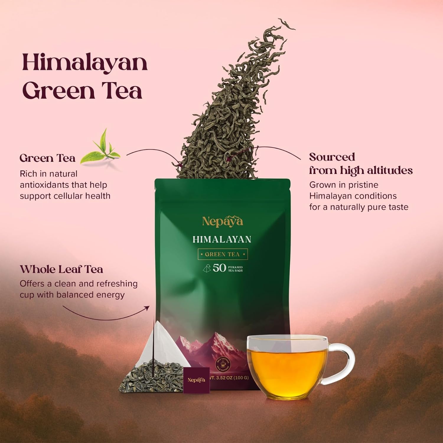 Nepaya Himalayan Green Tea Bags, High Grown Pure Green Tea, Low Caffeine, Smooth & Refreshing Taste, 50 Biodegradable Pyramid Tea Bags, Whole Leaf Green Tea for Hot or Iced Tea, Fresh & Natural Flavor
