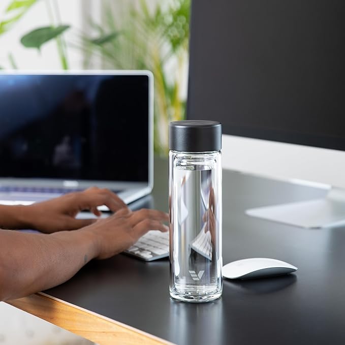 Glass Multi Tea Infuser Bottle 14oz - Double Wall Borosilicate Glass Flask, No Plastic Touches Contents, Perfect for Office or Home - Black