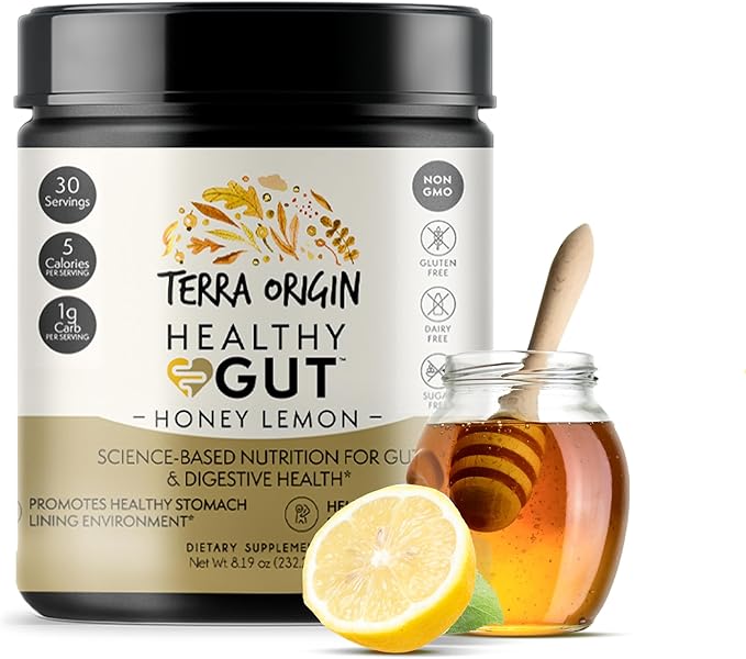 Terra Origin Healthy Gut Powder (Honey Lemon), 30-Servings with L-Glutamine, Zinc, Glucosamine, Slippery Elm Bark and More!