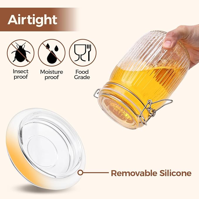 ComSaf Airtight Glass jar with lid 34oz Set of 3, Glass Storage Containers with Lids, Glass Canisters, Striped Clip Fastening Jar for Kitchen Canning