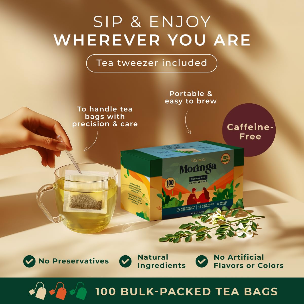 Moringa Tea Bags 100 Count - 100% Natural Caffeine Free Herbal Tea