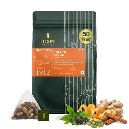 Luxmi Estates Orange Spice Darjeeling Black Tea for Caffeinated Morning Boost Natural Energy | 50 Biodegradable Teabags (50