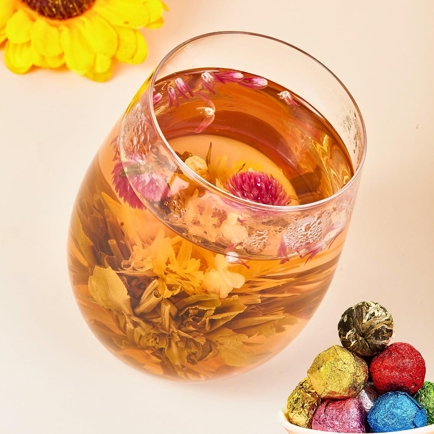 12 Assorted Blooming Flower Tea Balls Gift Set for Christmas| Handmade Herbal Flowering Tea Balls Variety Individual Packing| Blooming Green Teas with Flowers for Teas Lovers, Anniversary, Valentine, Birthday