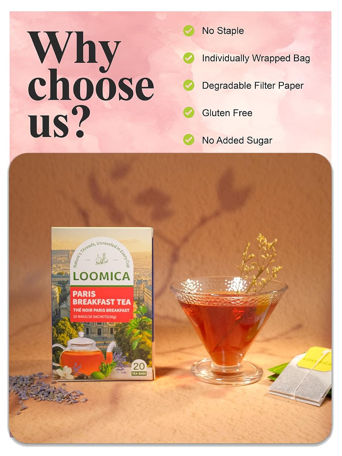 LOOMICA Paris Breakfast Black Tea Bags, 20 Ct, Lavender Bergamot Vanilla | Rich &amp; Smooth, Flavored Black Tea, Morning &amp; Afternoon Tea, Full-bodied; Individually wrapped, Hot or iced, Home &amp; office
