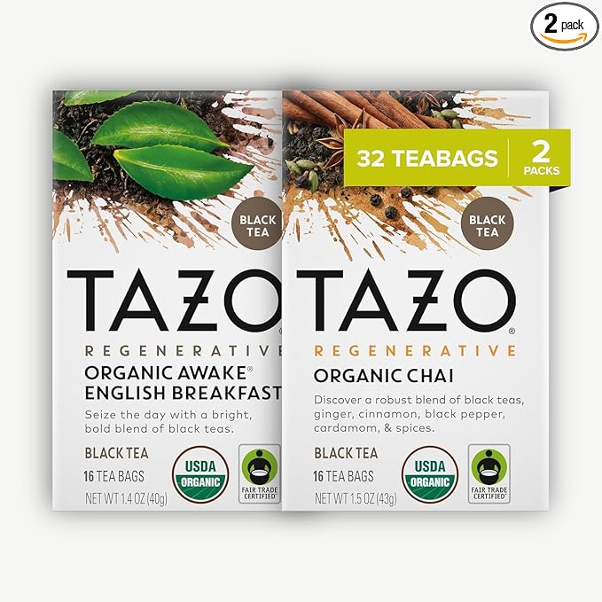Tazo Awake English Breakfast & Chai Tea Bundle, 32 Tea Bags Total, Pack of 2