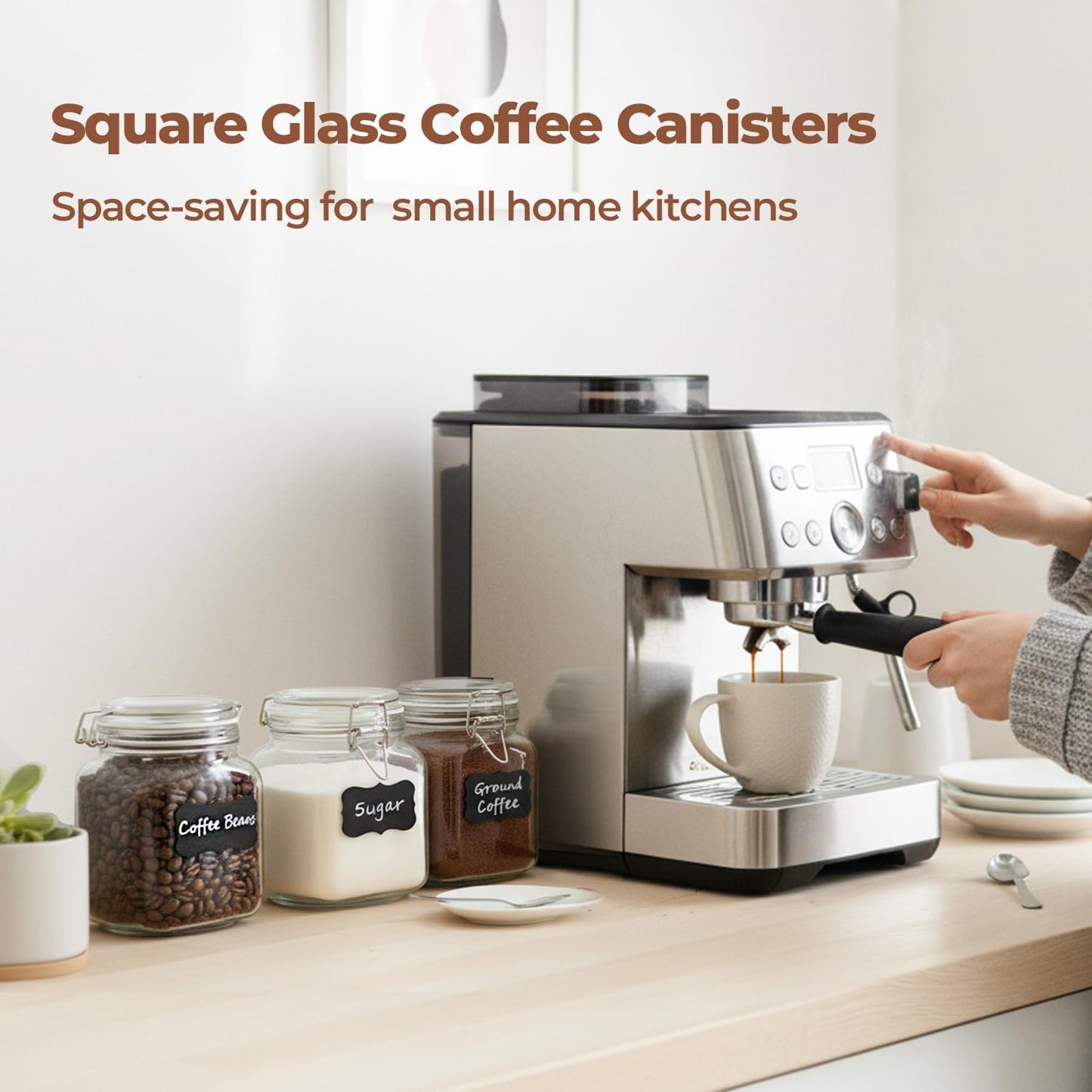 ComSaf Glass Storage Jars 34 oz 3 Pack for Flour Sugar, Coffee Canister | Airtight clamp lids, 3.3-inch wide mouth, four labels, Square clear canisters, tea, herbs, pickles and pantry organization
