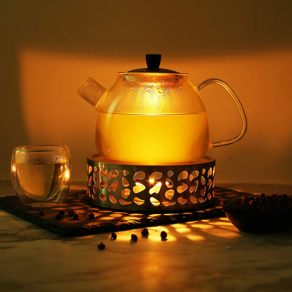 Simtive Teapot Warmer, Brushed Stainless Steel Tea Warmer with Tealight Holder, Gold