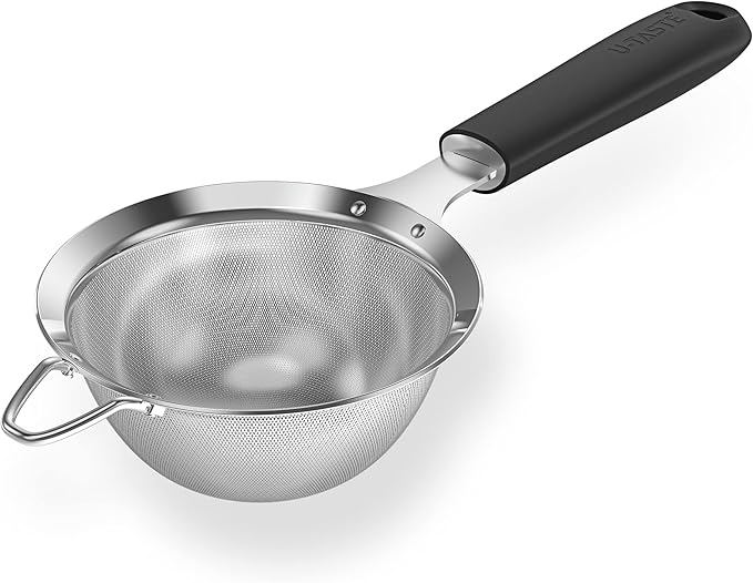 18/8 Stainless Steel Mesh Strainer: U-Taste 3.9 Inch Kitchen Fine Mesh Sieve Food Colander with Riveted Sturdy Silicone Handle and 30 Mesh Hole for Straining Flour, Quinoa, Tea, Juice (Black)