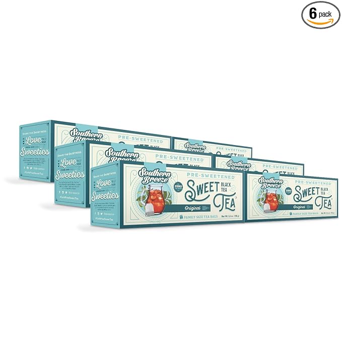 Southern Breeze Hot Brew Sweet Tea Original Iced Tea with Black Tea and Zero Carbs Zero Sugar, 22 Individually Wrapped Family Size Tea Bags, Pack of 6