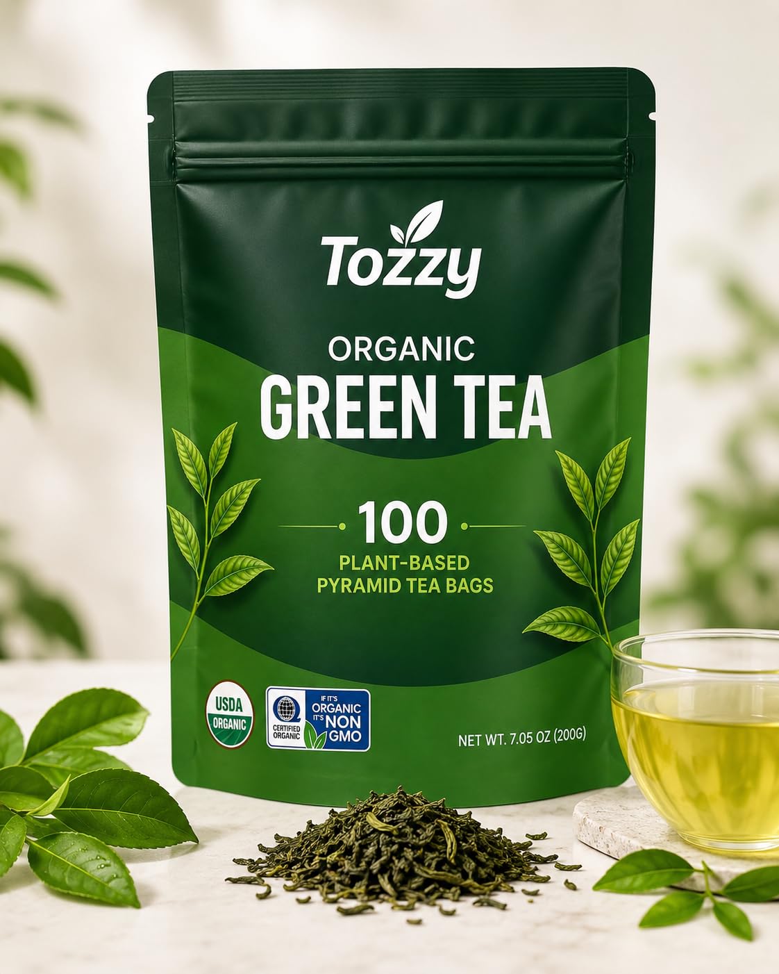 Tozzy Organic Green Tea – 100 Count, Plant-Based Pyramid Tea Bags
