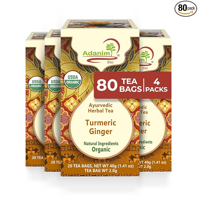 Adanim Bio Ginger Turmeric Tea, Value Pack 80 Teabags, Caffeine-free Organic Blend of Soothing and Flavorful Herbal Infusion for Overall Well-being