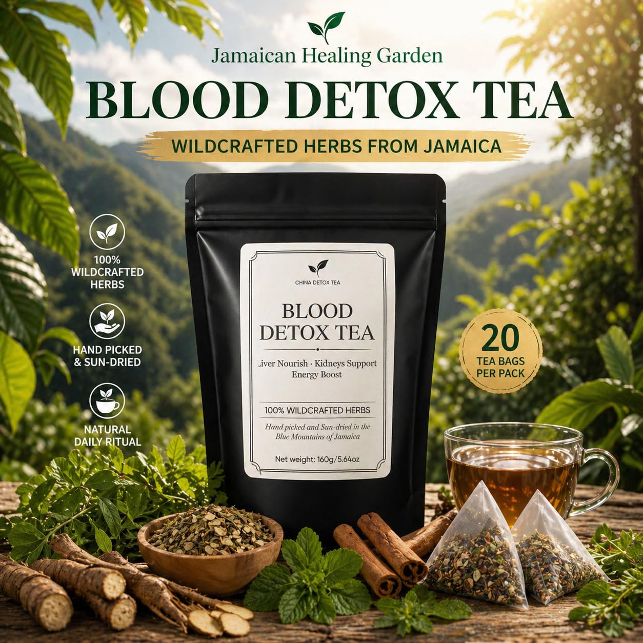 Jamaican Healing Garden Blood Detox Tea, Wildcrafted Herbs with Guaco, Burdock Root, Oregano, Cinnamon, Moringa, Hand Picked and Sun-Dried in the Blue Mountains of Jamalca 160g 5.64oz(1)
