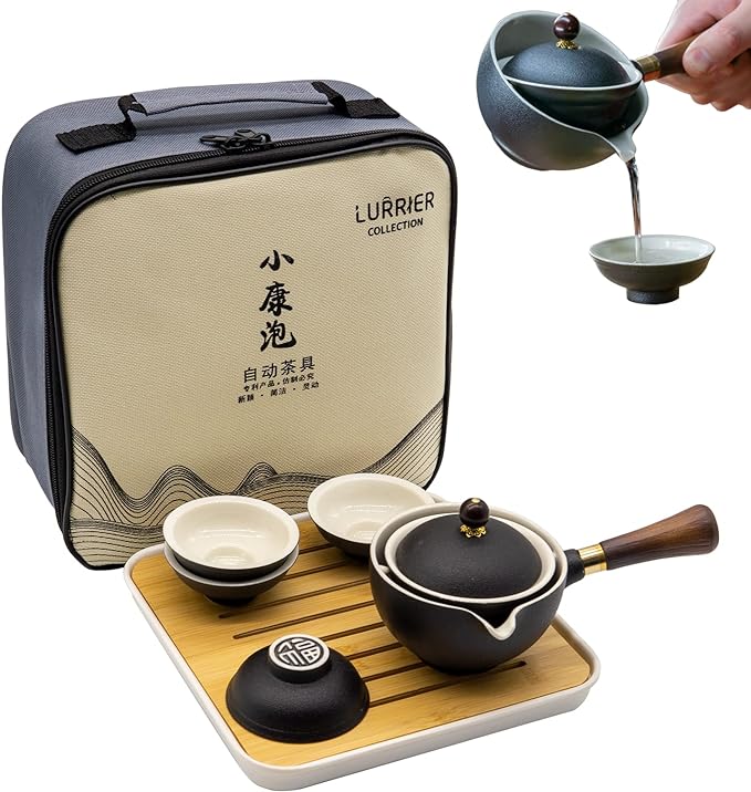 LURRIER Porcelain Chinese Gongfu Tea Set,Portable Teapot Set with 360 Rotation Tea maker and Infuser