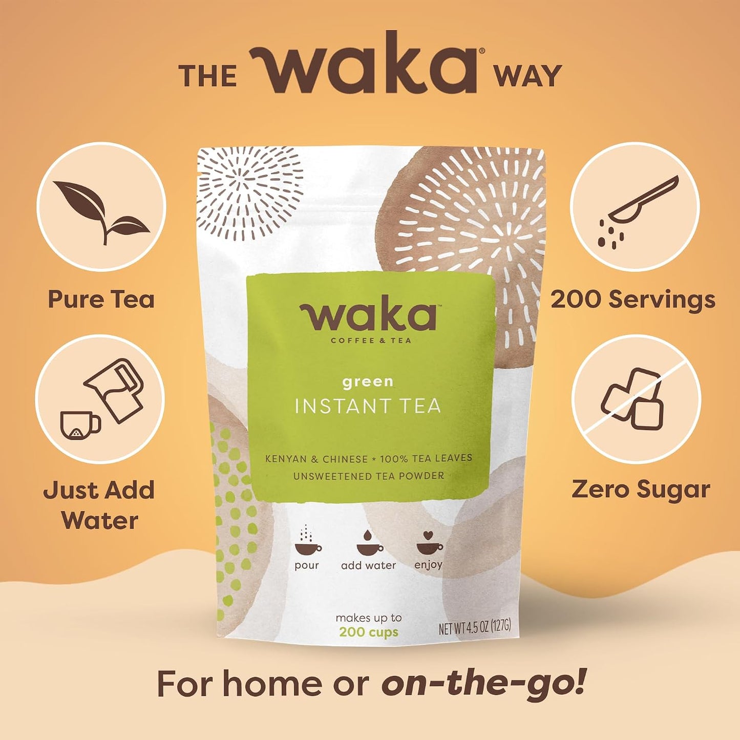 Waka Instant Green Tea Mix, Original - 100% Tea Leaves, No Additives, Unsweetened Tea Powder for 50 Quarts or 200 Cups – Easy and Quick Hot or Iced Teas (4.5oz) | 100% Tea Leaves, Concentrated Green Tea Powder, Kenyan &amp; Chinese Blend, Makes up to 200