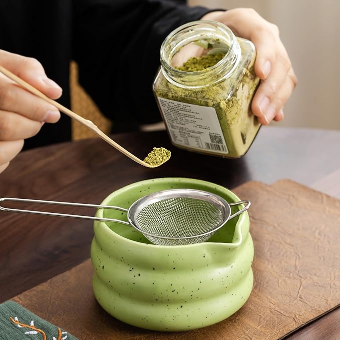 7Pcs Japanese Matcha Tea Set, Matcha Kit with Matcha Bowl (with Pouring Spout), Matcha Whisk, Whisk Holder, Strainer