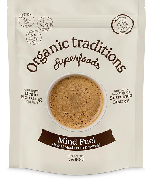 Organic Traditions Mind Fuel Instant Mushroom Coffee Alternative – Caffeine-Free Herbal Mushroom Drink - Organic Lion’s Mane, Maca, Dandelion & Chicory – Focus, Energy & Cognitive Support – 10 Servings – 140g, 5oz