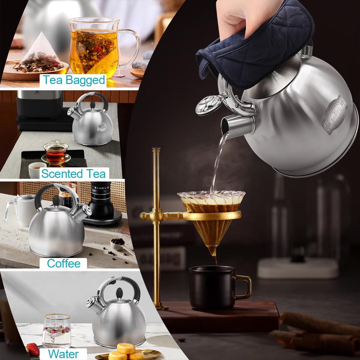 BAERFO Whistling Stovetop Tea Kettle, 2.64 Qt 304 Stainless Steel （Brushed）