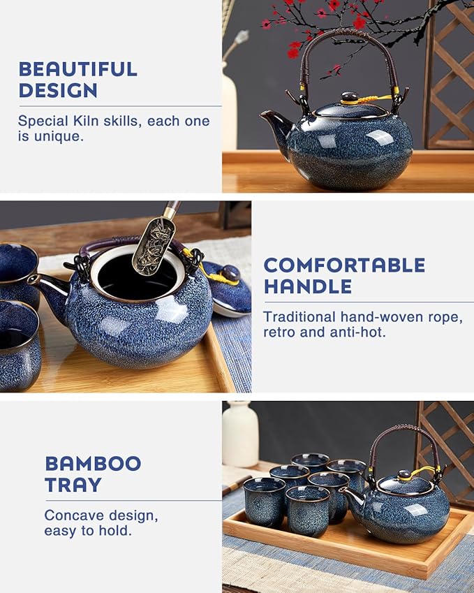 Dujust Japanese Tea Set for 6, Kiln Altered Glaze Porcelain Tea Set with 1 Teapot, 6 Tea Cups & 1 Tea Tray