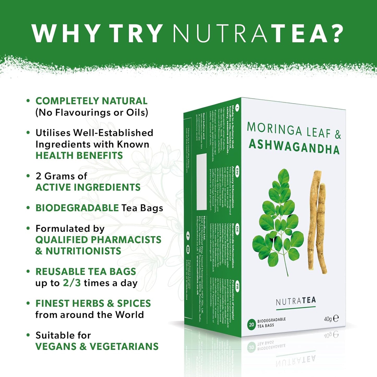 Nutra Tea - Moringa Leaf &amp; Ashwagandha – Moringa Tea Bags, Ashwagandha Tea Bags - For Mood Support and Stress Relief - 40 Individually Wrapped Bags - Herbal Infusion (2 Pack)