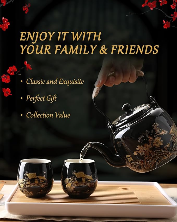 Dujust Japanese Tea Set, Black Porcelain Tea Set with 1 Teapot Set, 6 Tea Cups, 1 Tea Tray, 1 Stainless Infuser, Beautiful Asian Tea Sets for Adults