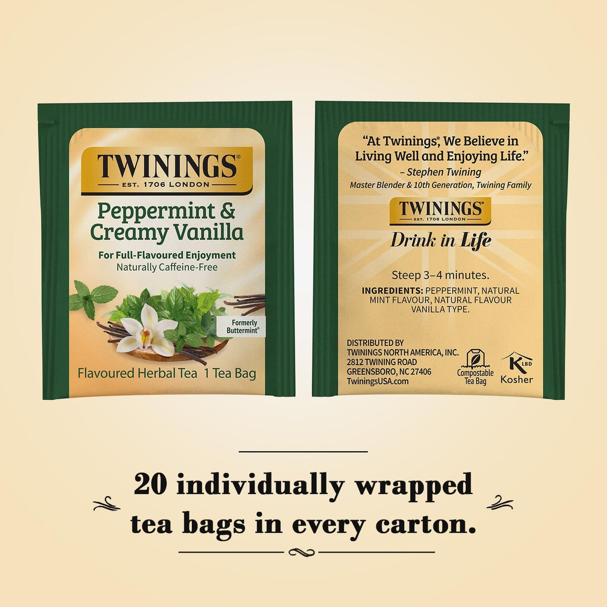 Twinings Peppermint & Creamy Vanilla Herbal Tea 2-Pack, 20 Count Ea