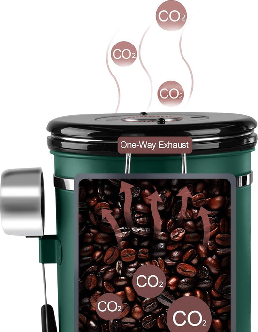 ROCKY&amp;CHAO Airtight Coffee Canister with Date Tracker &amp; Transparent Window, 22OZ Large Tea Coffee Canisters, Coffee Storage Canister, Coffee Container with 30ml Measure Spoon and 4 Co2 Valve(Green)