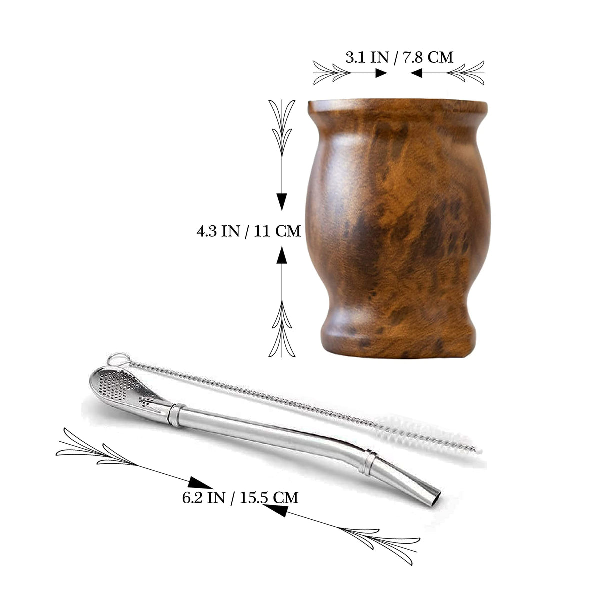 LA FEE Yerba Mate Natural Gourd/Tea Cup Set Brown (Original Traditional Mate Cup - 8 Ounces)，Includes Yerba Mate Straw &