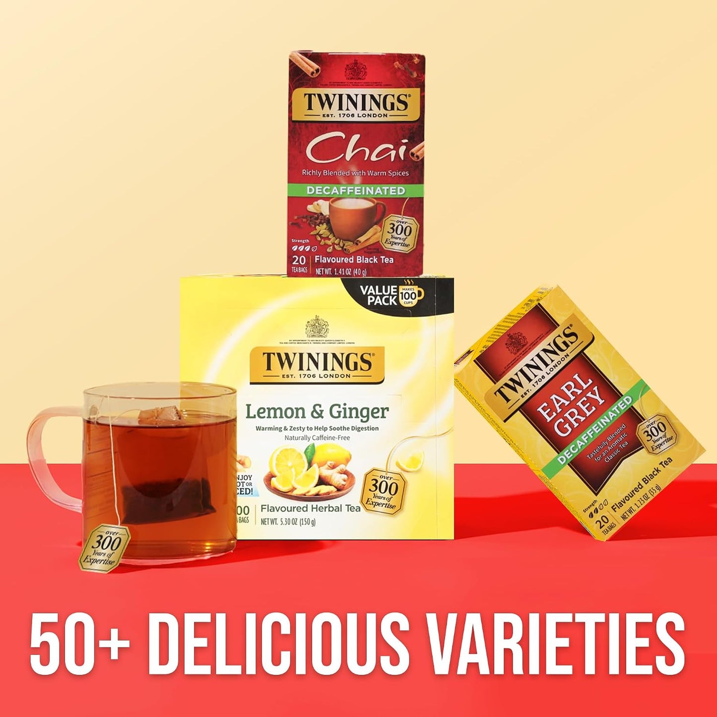 Twinings Decaffeinated Chai Spiced Black Tea Bags, 20 CT Box (6 Pack) | Sweet &amp; Savoury Cinnamon, Ginger, Cardamom &amp; Clove, Blended With Decaf Black Tea, 120 Foil Lined Individually Wrapped Bags