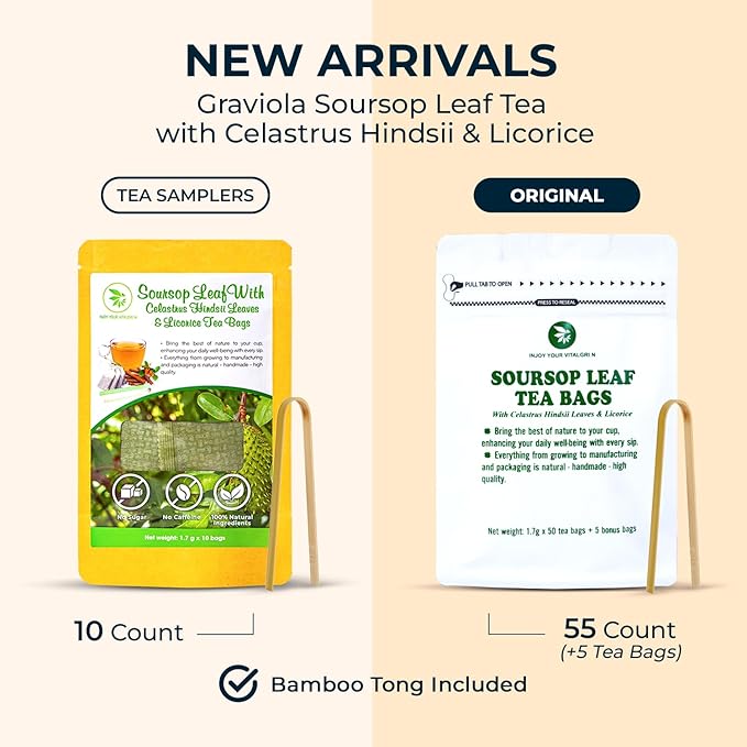 Graviola Soursop Leaf Tea Samplers with Celastrus Hindsii & Licorice - 10 Count + Bamboo Tong, Corn Based Tea Bags