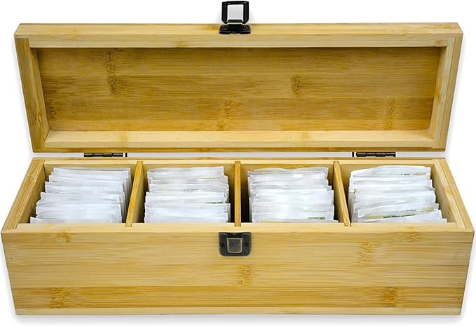 Tea Organizer Box Food Safe Bamboo Wood Chemical Free Big, Tall, Adjustable Cubbies Natural Storage Chest (4-Slot Across 14.3" x 4.4" x 4.2" with Tea