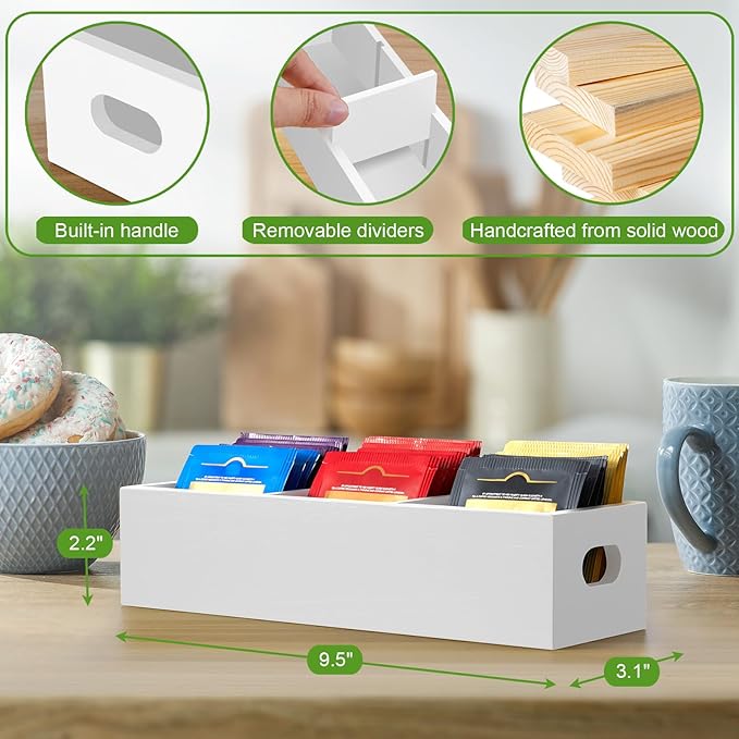 DRASTAR Tea Bag Organizer, Wooden Tea Bag Holder, White Tea Bag Chest with 3 Slots, Mini Tea Organizer Countertop, Sugar Packet Holder