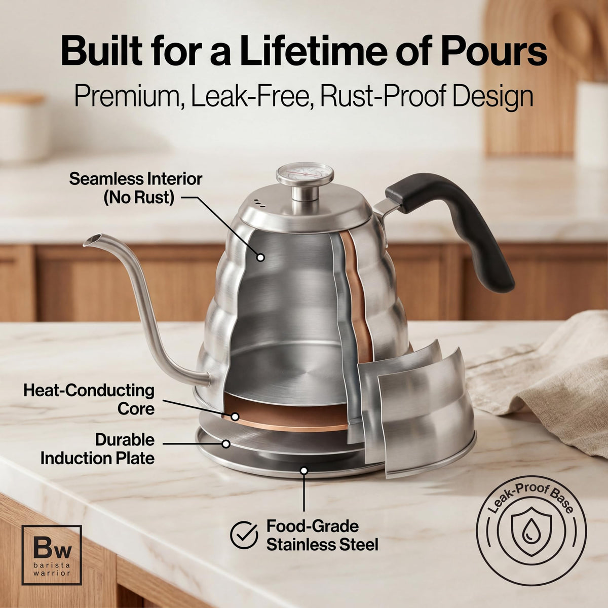 Barista Warrior Gooseneck Kettle, 1.2L Pour Over Kettle, Silver