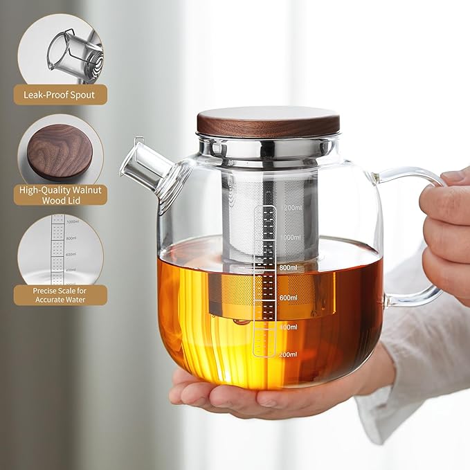 Glass Teapot With Stainless Steel Infuser 1200ml, Glass Tea Pot, Loose Leaf Tea Kettle, Glass Kettle Stovetop, Teapot With Strainer