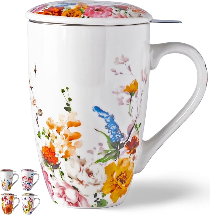 Gbhome Tea Mug with Infuser and Lid, 18 Ounce Large Ceramic Loose Leaf Tea Cup, Microwave, Dishwasher Safe Tea Steeping Mug
