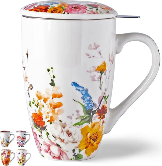 Gbhome Tea Mug with Infuser and Lid, 18 Ounce Large Ceramic Loose Leaf Tea Cup, Microwave, Dishwasher Safe Tea Steeping Mug