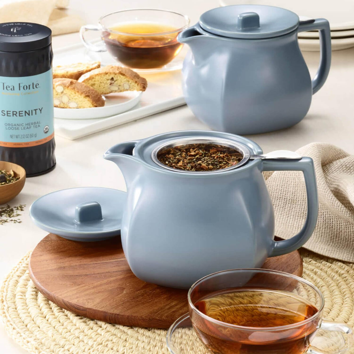 Tea Forte Stone Blue Ceramic Fiore Teapot with Infuser