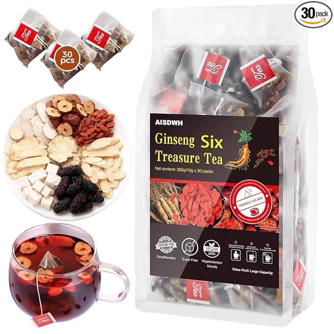 Aisdwh - Ginseng Six Treasure Tea, Traditional Chinese Herbal Ginseng Tea Bags, 9 Herb Blend - 30 Count - Herbal Tea - for Women & Men