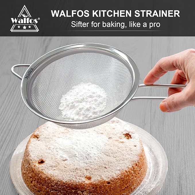 Walfos 6.95 Inch Fine Mesh Strainers, Premium Stainless Steel Colanders and Sifters, with Reinforced Frame and Sturdy Handle, Perfect for Sift