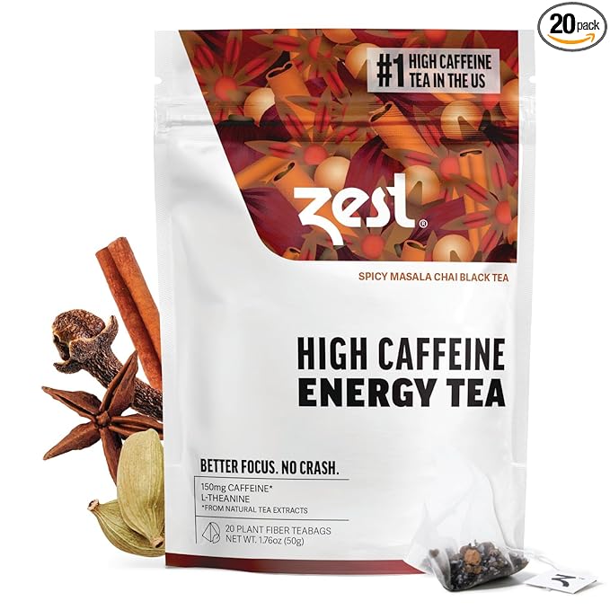 Zest 150mg High Caffeine Energy Leaf Blend - Spicy Masala Chai Black Tea - 20 Pack Bag