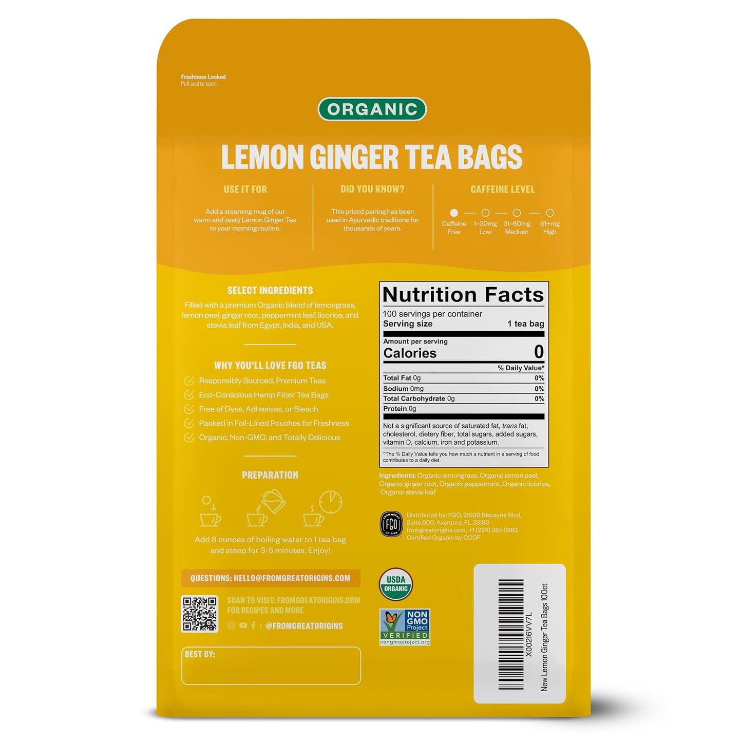 FGO Organic Lemon Ginger Tea, 100 Count, Eco-Conscious Tea Bags, Resealable Bag, Caffeine Free, Packaging May Vary (Pack of 1)