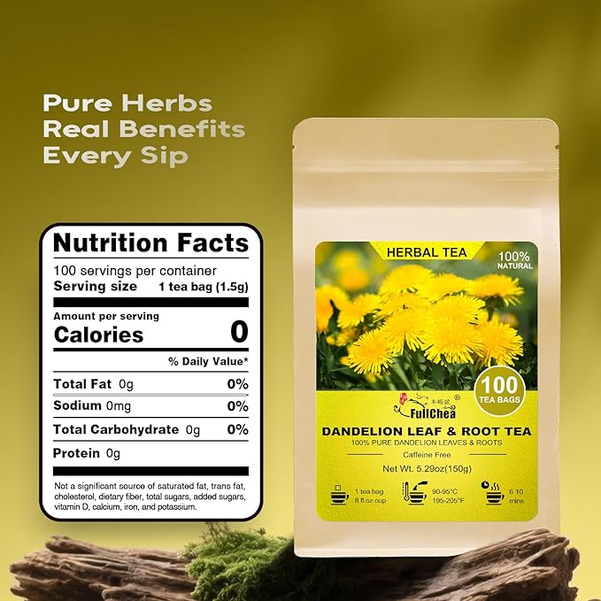 FullChea - Dandelion Leaf & Root Tea Bags, 100 Teabags, 1.5g/bag - Natural Dandelion Herbal Tea for Liver & Kidney Health - Non-GMO - Caffeine-free - Support Digestion & Boost Immune System