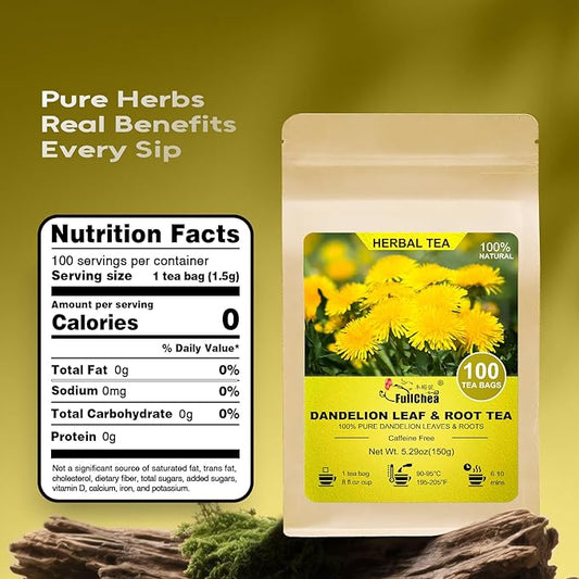 FullChea - Dandelion Leaf & Root Tea Bags, 100 Teabags, 1.5g/bag - Natural Dandelion Herbal Tea for Liver & Kidney Health - Non-GMO - Caffeine-free - Support Digestion & Boost Immune System