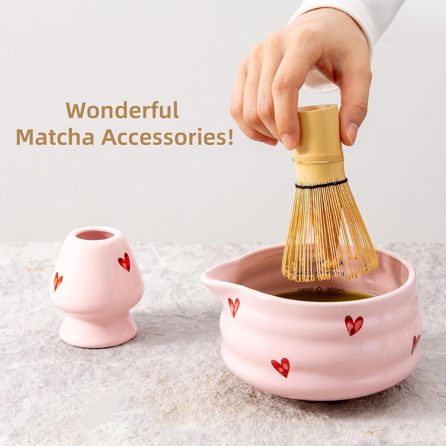 Ceramic Matcha Bowl with Bamboo Whisk Holder, Pink Love, Set of 2 | 16.5OZ Bowl with Spout and Measurement Marks, Japanese Tea Mixing Bowl with Whisk Stand, Matcha Gift Set, Ideal Gift Choice