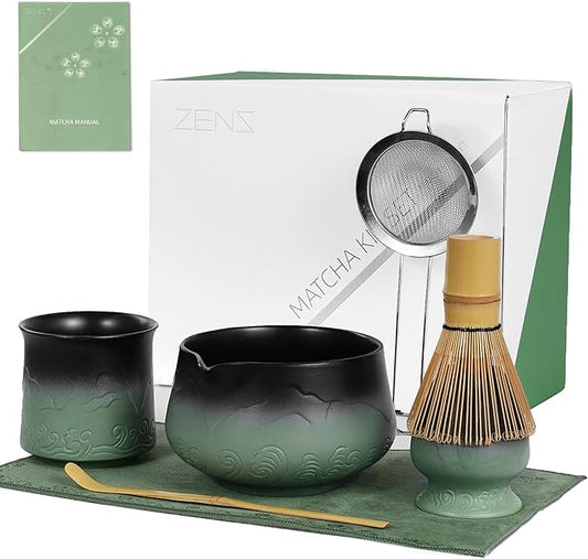 ZENS Matcha Whisk Set, 7pcs Matcha Kit Set with Ceramic Bowl and Matcha Cup, Bamboo Whisk & (Chasen Holder) Sifter, Scoop -Tea Towel, Japanese Chawan for Matcha-Making, Sage Green