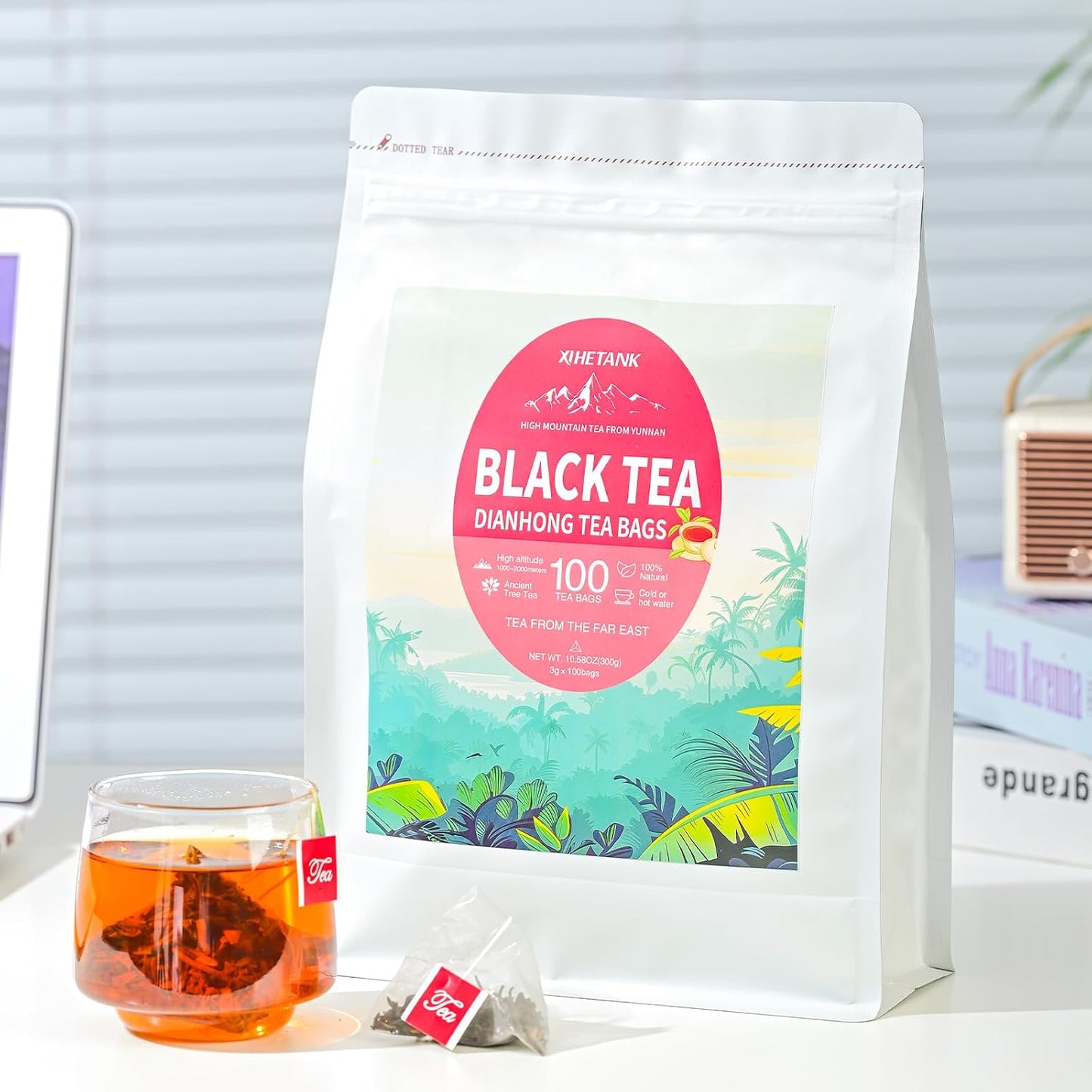 Xihetank Black Tea Bags - 100 Count Individually Wrapped for Fresh & Smooth Taste. Ancient Tree Chinese Black Tea for Hot or Iced Brewing
