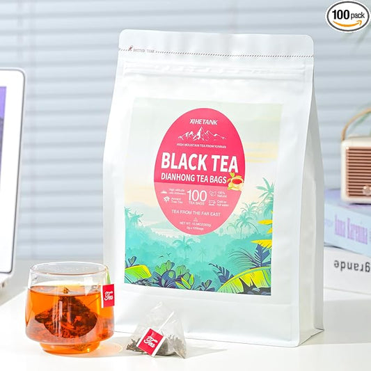 XIHETANK Black Tea Bags - 100 Count Individually Wrapped for Fresh & Smooth Taste. Ancient Tree Chinese Black Tea for Hot or Iced Brewing. Bulk Sweetness & 100% Natural Breakfast Tea Bags.