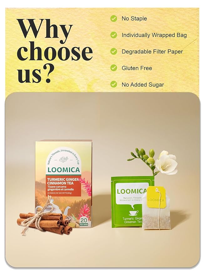 Loomica Turmeric Ginger Cinnamon Tea, Naturally Caffeine-Free, Warm & Spicy Herbal Blend, Rich & Aromatic