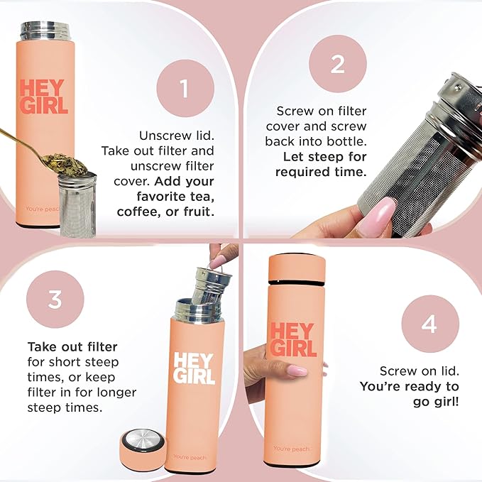 Hey Girl Tea Infuser Bottle 450ml - Insulated Stainless Steel Water Bottle - Tea Tumbler with Tea Diffuser