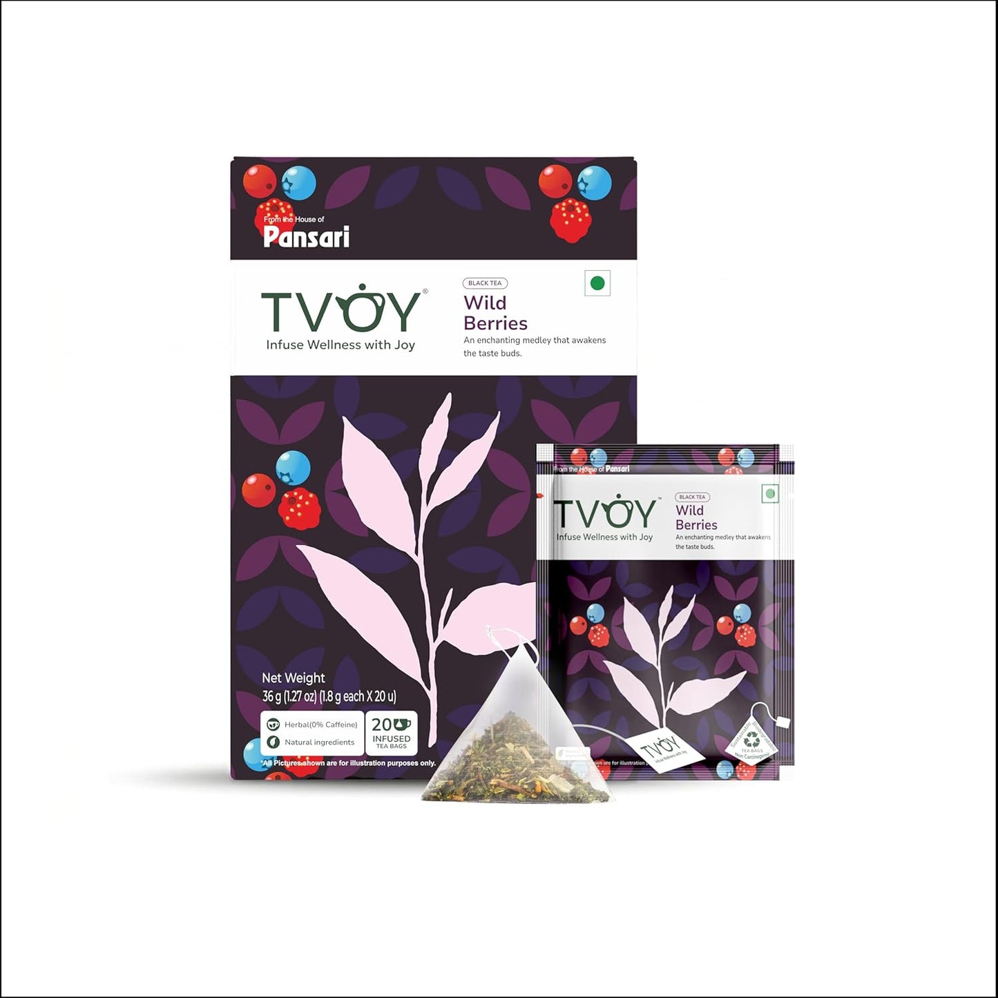 Tvoy Wild Berry Black Tea Bags – Premium Black Tea with Fruity Wild Berry Flavor – Plant-Based PLA Tea Bags – 40 Individually Wrapped Bags – Smooth & Aromatic Tea