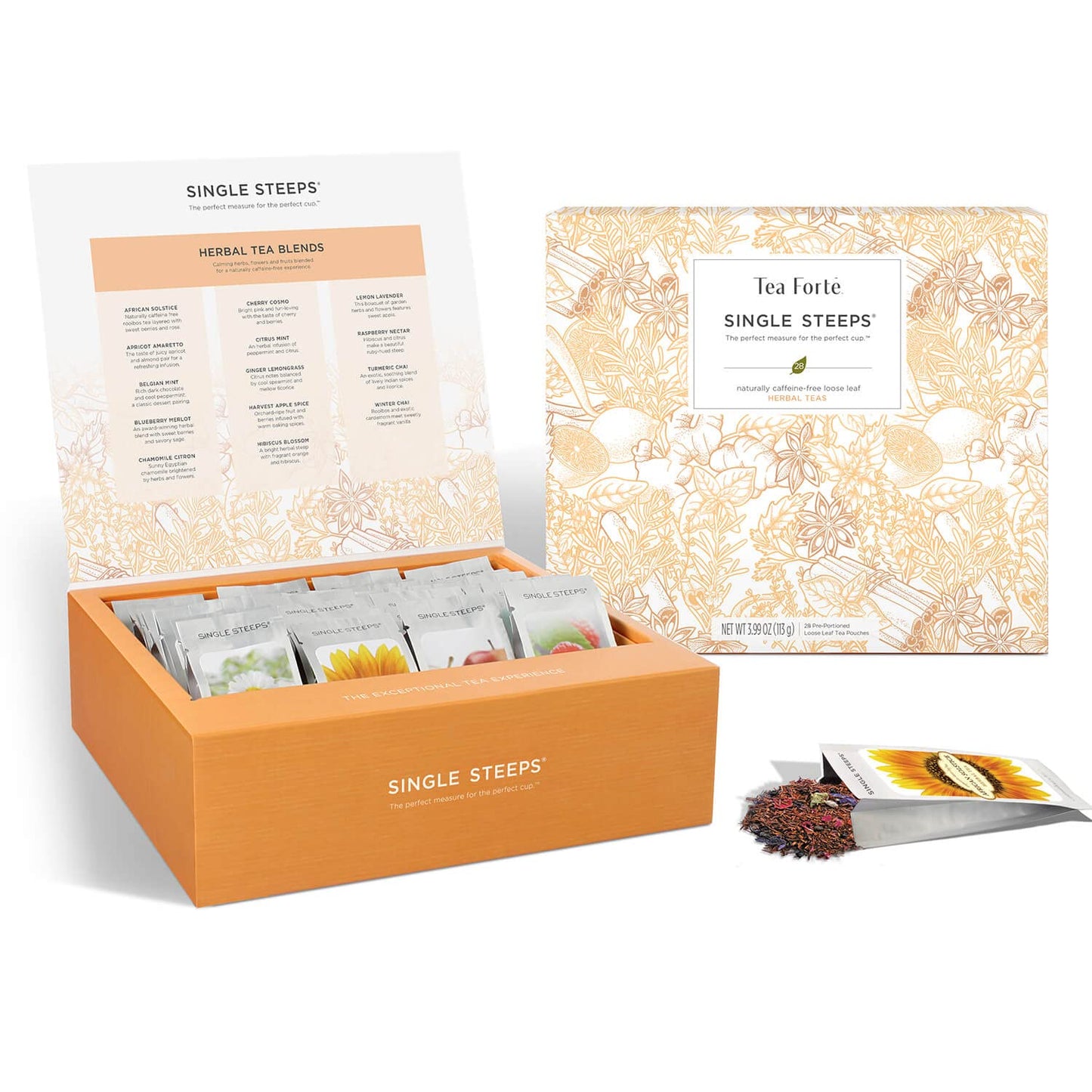 Tea Forte Single Steeps Loose Leaf Tea Sampler Tea Chest, Assorted Variety Tea Box, 28 Single Serve Pouches, Gifts for Mom, Herbal Tea